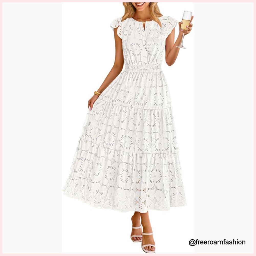 Lace Eyelet Maxi Dress Flutter Sleeve Tiered Boho Casual Beach Vacation